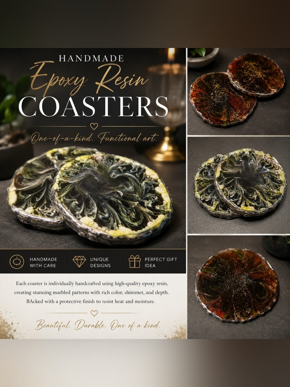 Handmade Epoxy Resin Coasters - Black & Silver Marble Set